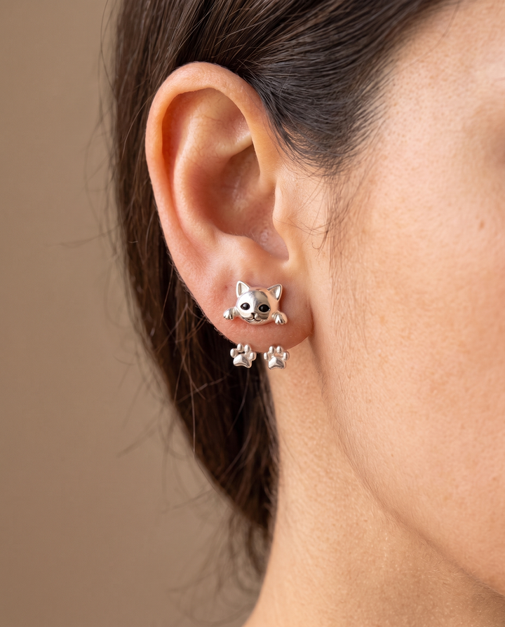 Cat Ear Jacket Earrings with Dangling Paws, Silver Tone 2
