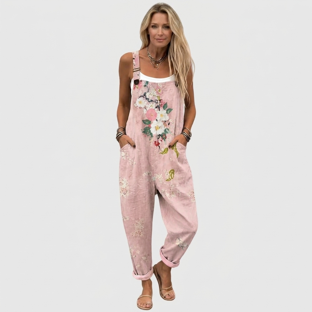 Pink Floral Print Overalls with Adjustable Straps and Side Pockets 2