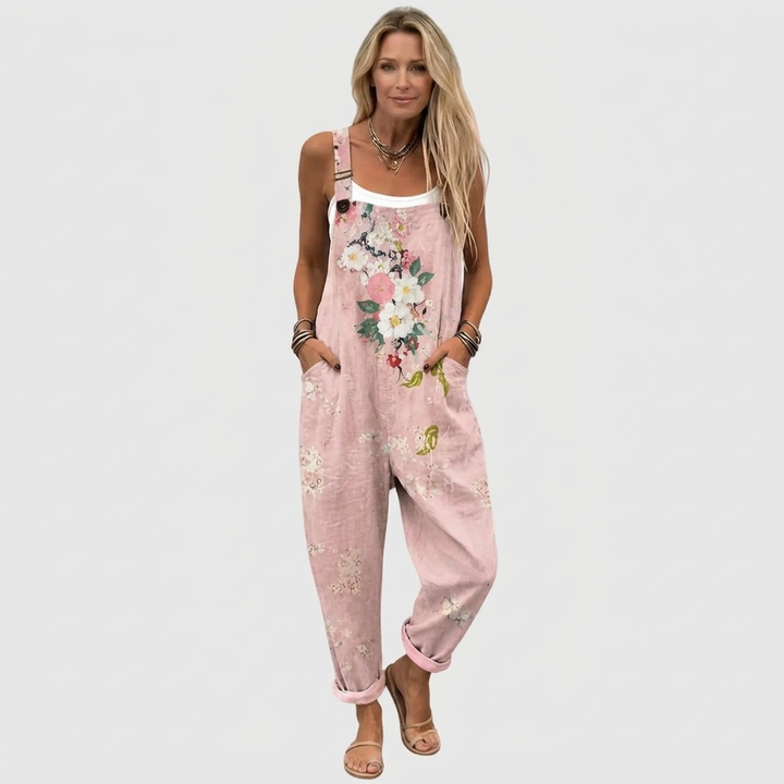 Pink Floral Print Overalls with Adjustable Straps and Side Pockets 2