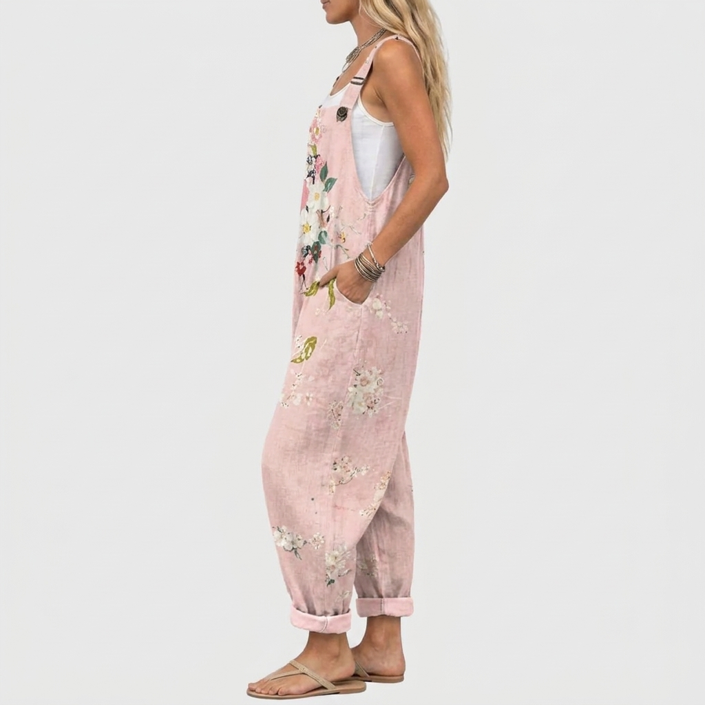 Pink Floral Print Overalls with Adjustable Straps and Side Pockets 3