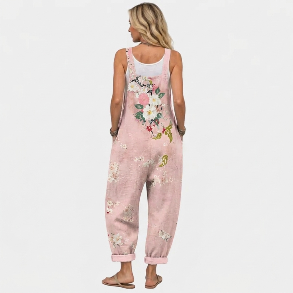 Pink Floral Print Overalls with Adjustable Straps and Side Pockets 4
