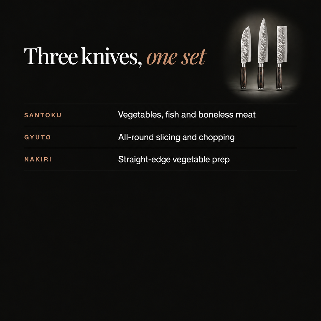 Classic 3-Piece Hammered Steel Knife Set with Pakka Wood Handles 4