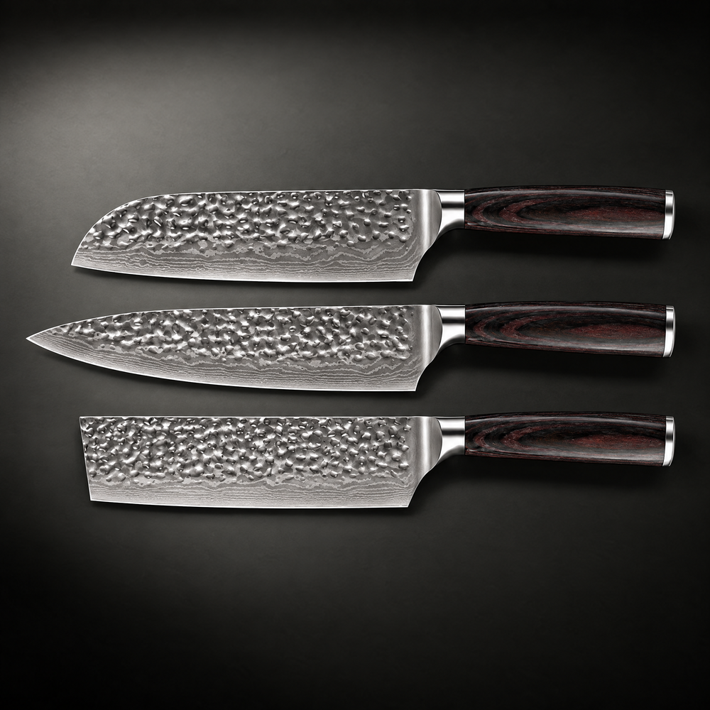 Classic 3-Piece Hammered Steel Knife Set with Pakka Wood Handles 2