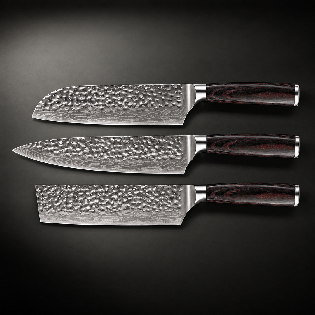 Classic 3-Piece Hammered Steel Knife Set with Pakka Wood Handles 2