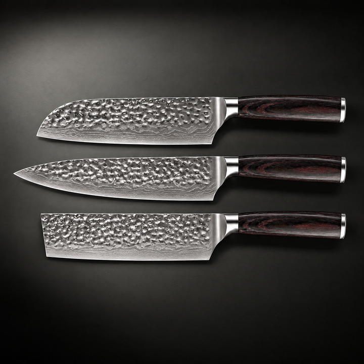 Classic 3-Piece Hammered Steel Knife Set with Pakka Wood Handles 2