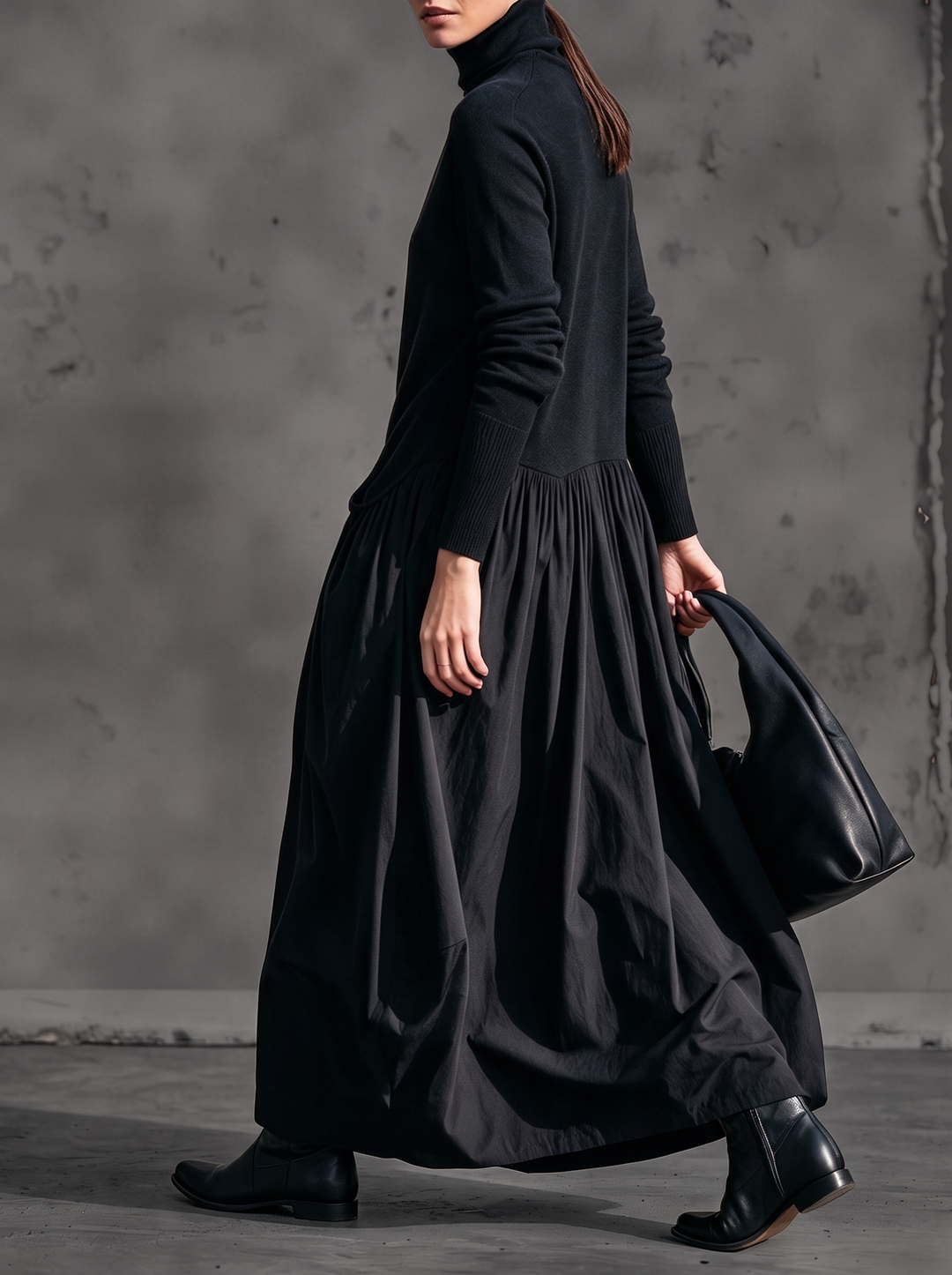 Oversized Maxi Dress with Mock Neck, Gathered Skirt and Pockets 2