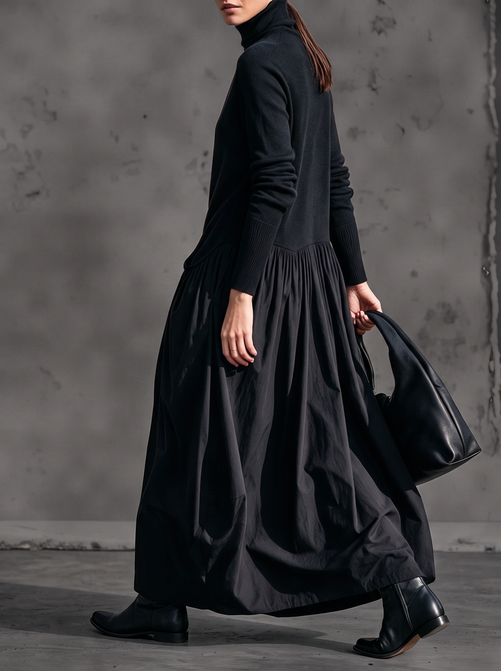 Oversized Maxi Dress with Mock Neck, Gathered Skirt and Pockets 2