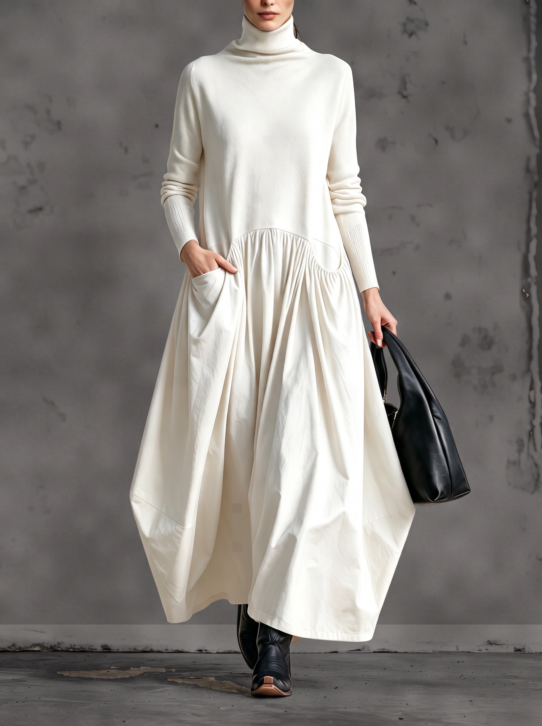Oversized Maxi Dress with Mock Neck, Gathered Skirt and Pockets 5