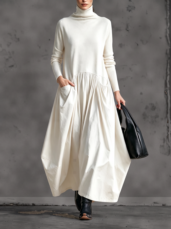 Oversized Maxi Dress with Mock Neck, Gathered Skirt and Pockets 5