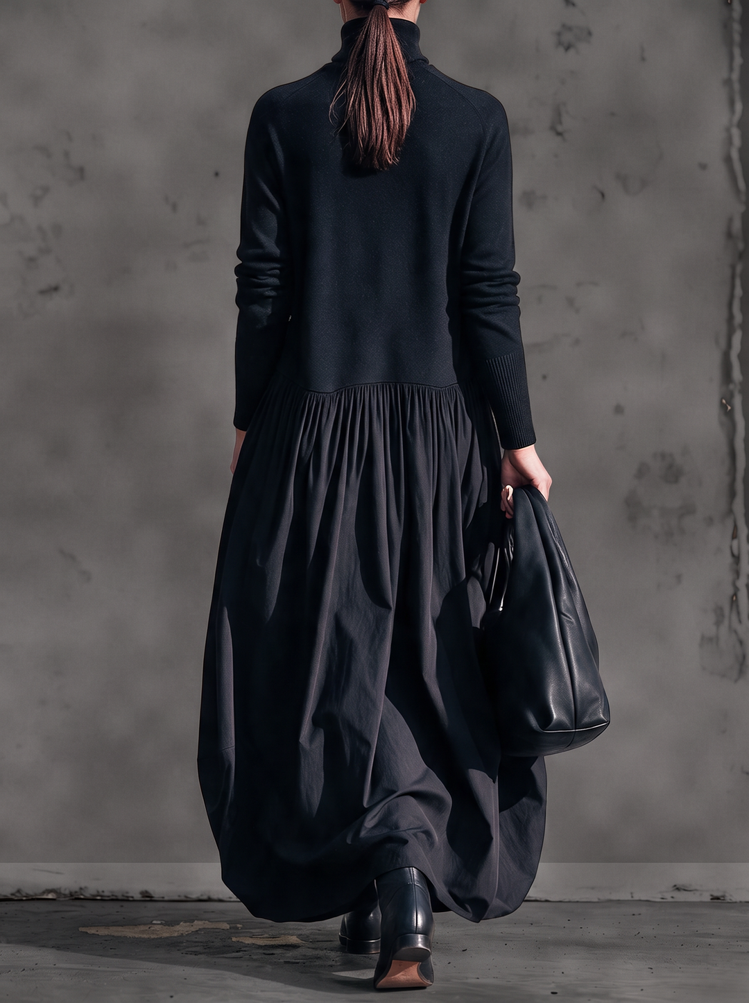 Oversized Maxi Dress with Mock Neck, Gathered Skirt and Pockets 3