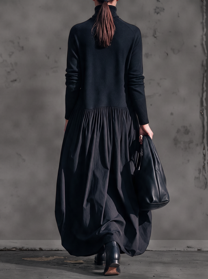 Oversized Maxi Dress with Mock Neck, Gathered Skirt and Pockets 3