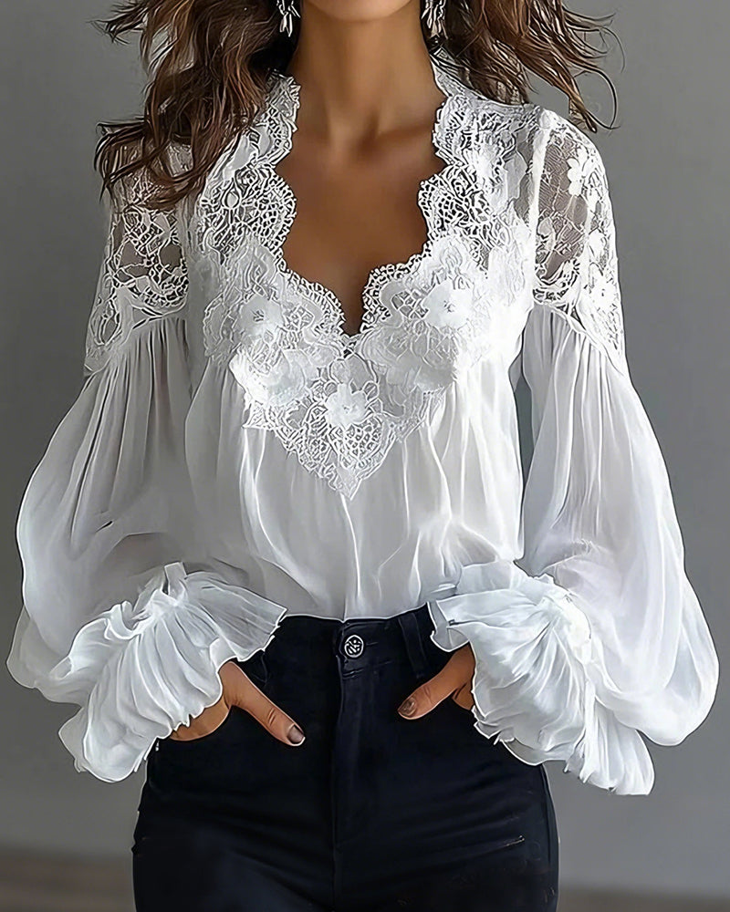 Women's Elegant Lace Collar Blouse with Long Sleeves 1