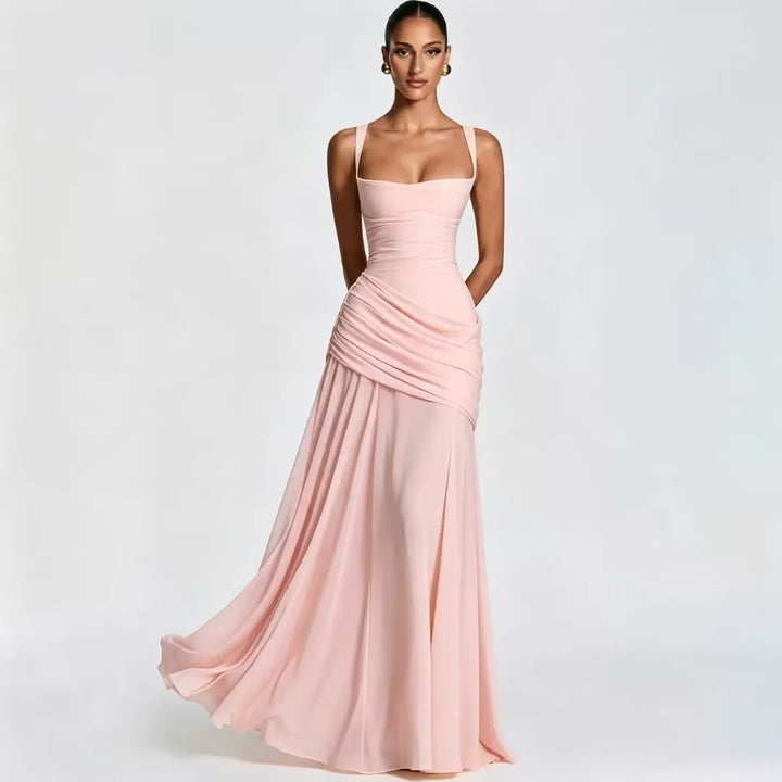 Women's Maxi Dress with Square Neckline and Side Draping 19