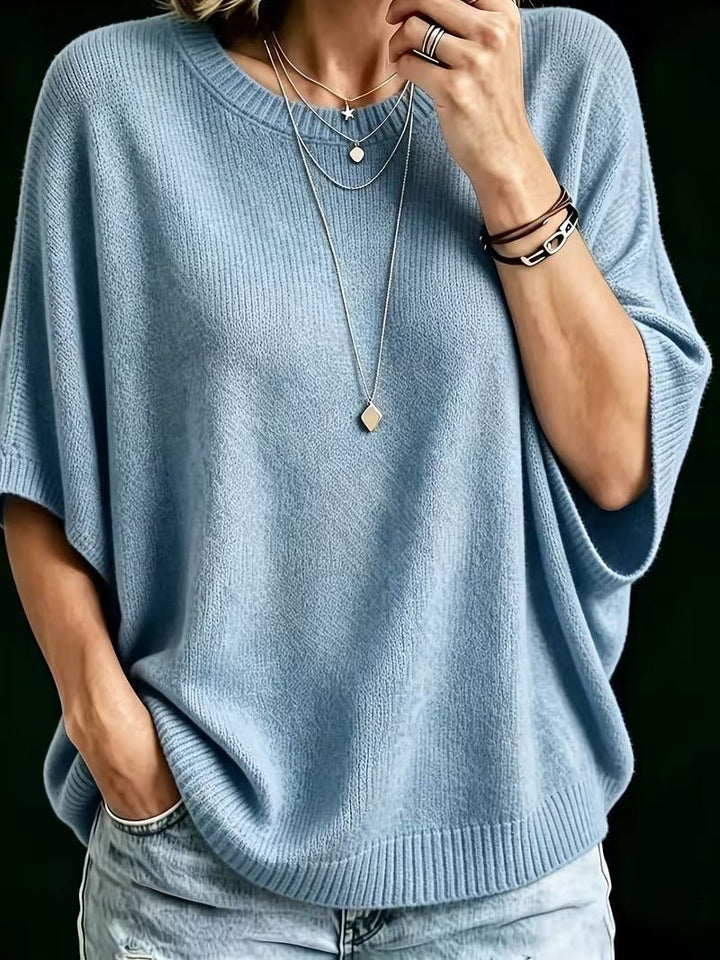 Relaxed Short-Sleeve Knit Batwing Top with Round Neck 12
