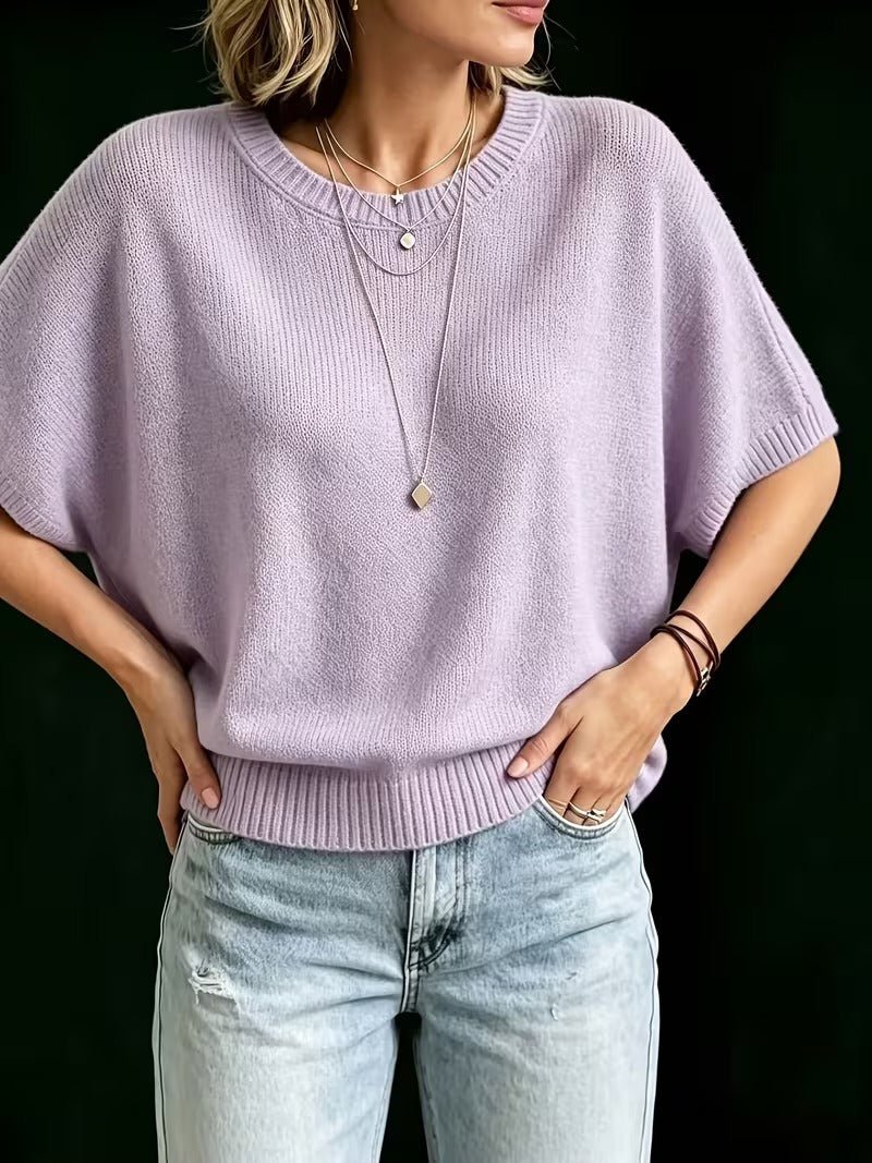 Relaxed Short-Sleeve Knit Batwing Top with Round Neck 11