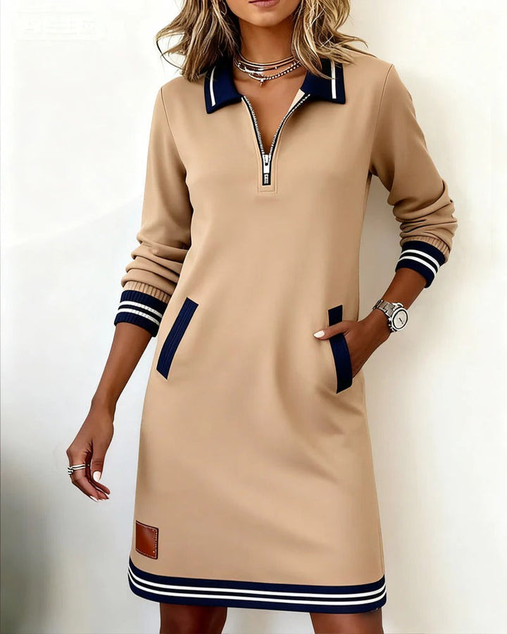 Long Sleeve Cotton Blend Dress with Front Zip and Lapel Collar 3