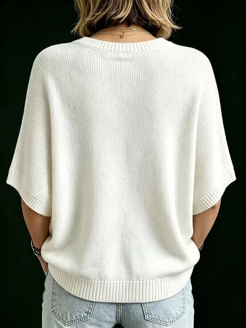 Relaxed Short-Sleeve Knit Batwing Top with Round Neck 25