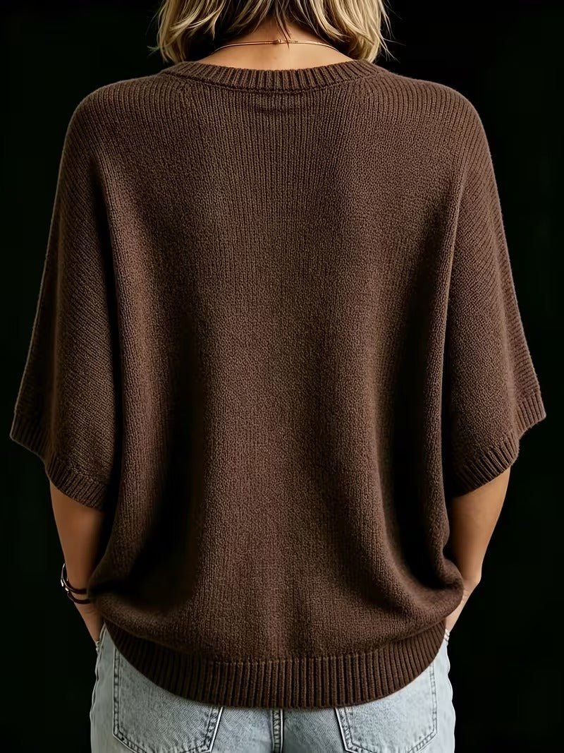 Relaxed Short-Sleeve Knit Batwing Top with Round Neck 21