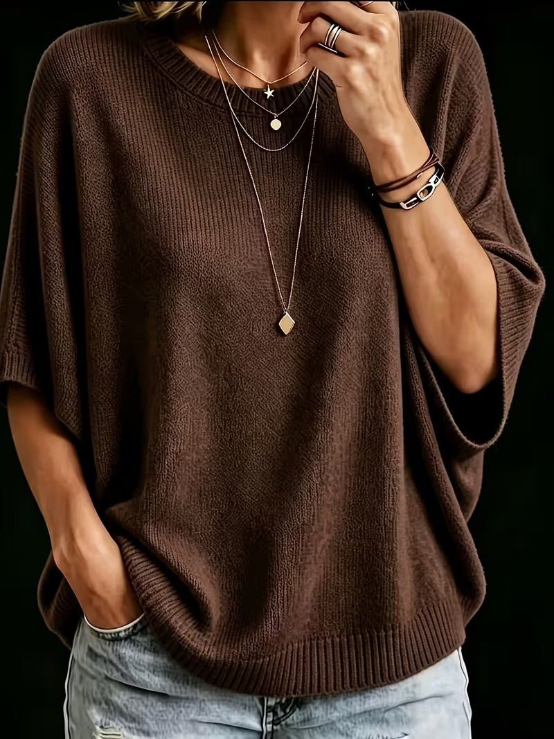 Relaxed Short-Sleeve Knit Batwing Top with Round Neck 17
