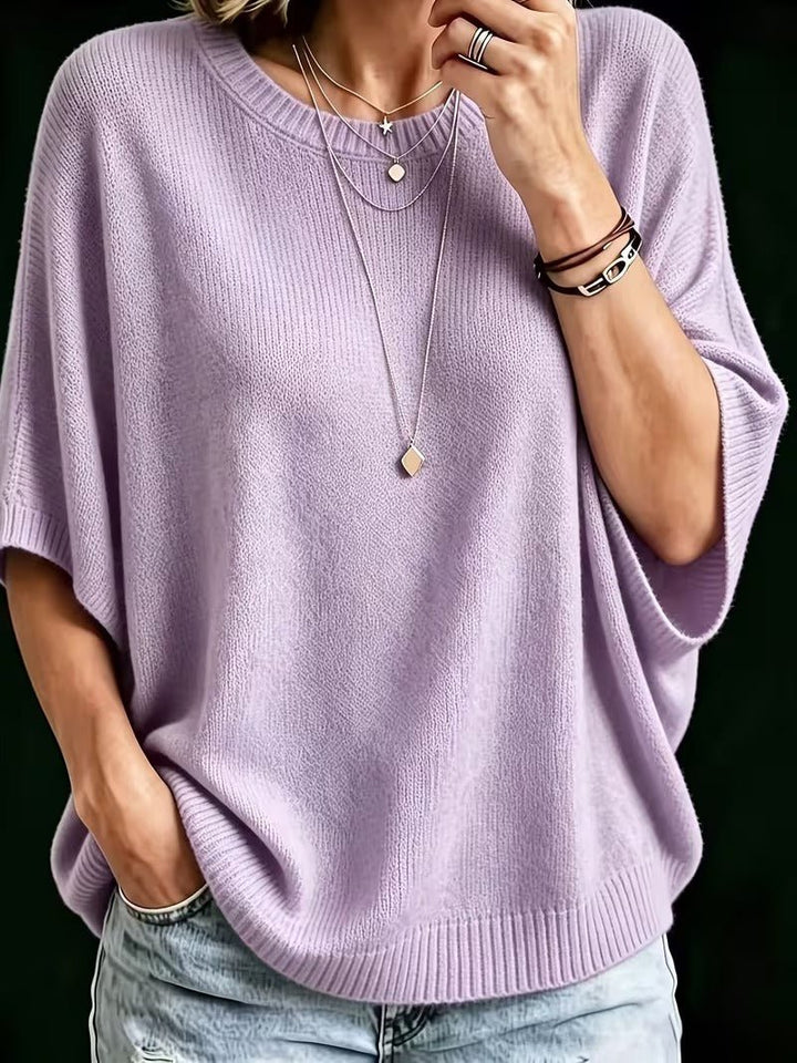 Relaxed Short-Sleeve Knit Batwing Top with Round Neck 7