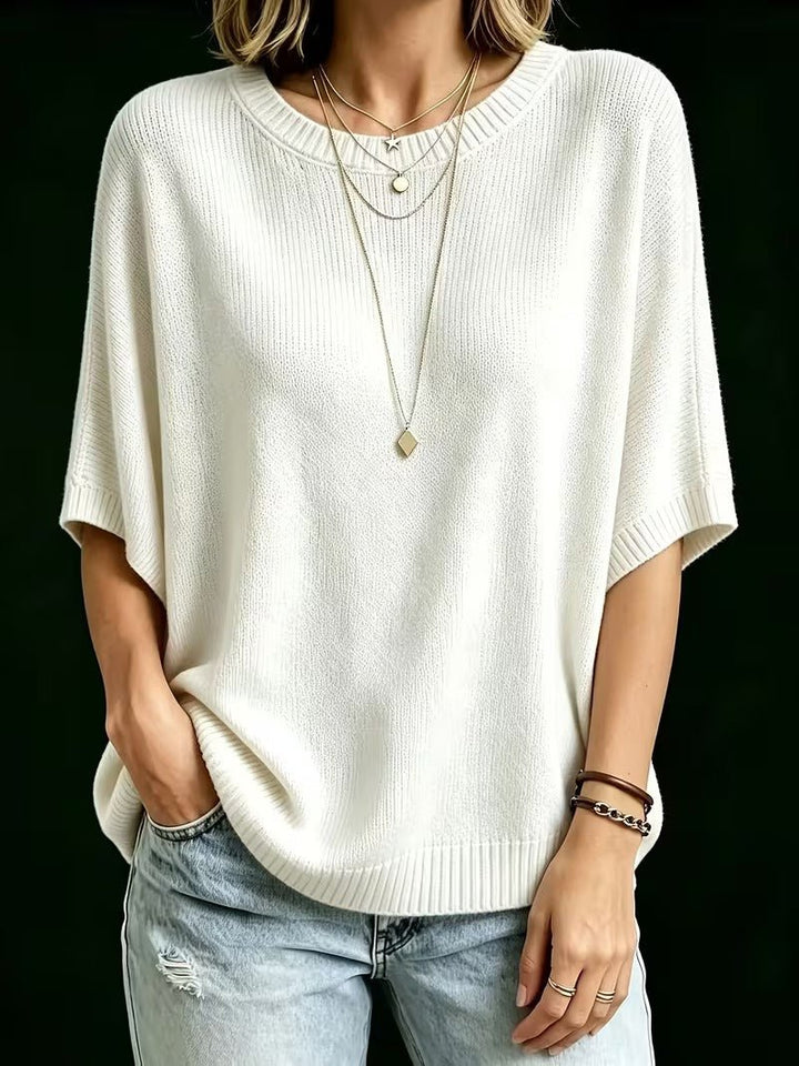 Relaxed Short-Sleeve Knit Batwing Top with Round Neck 24