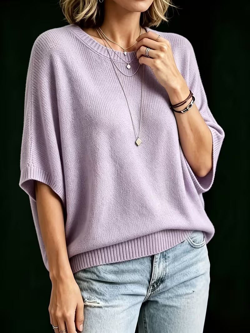 Relaxed Short-Sleeve Knit Batwing Top with Round Neck 8