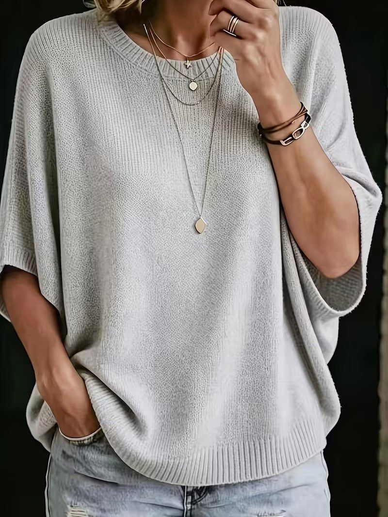 Relaxed Short-Sleeve Knit Batwing Top with Round Neck 1
