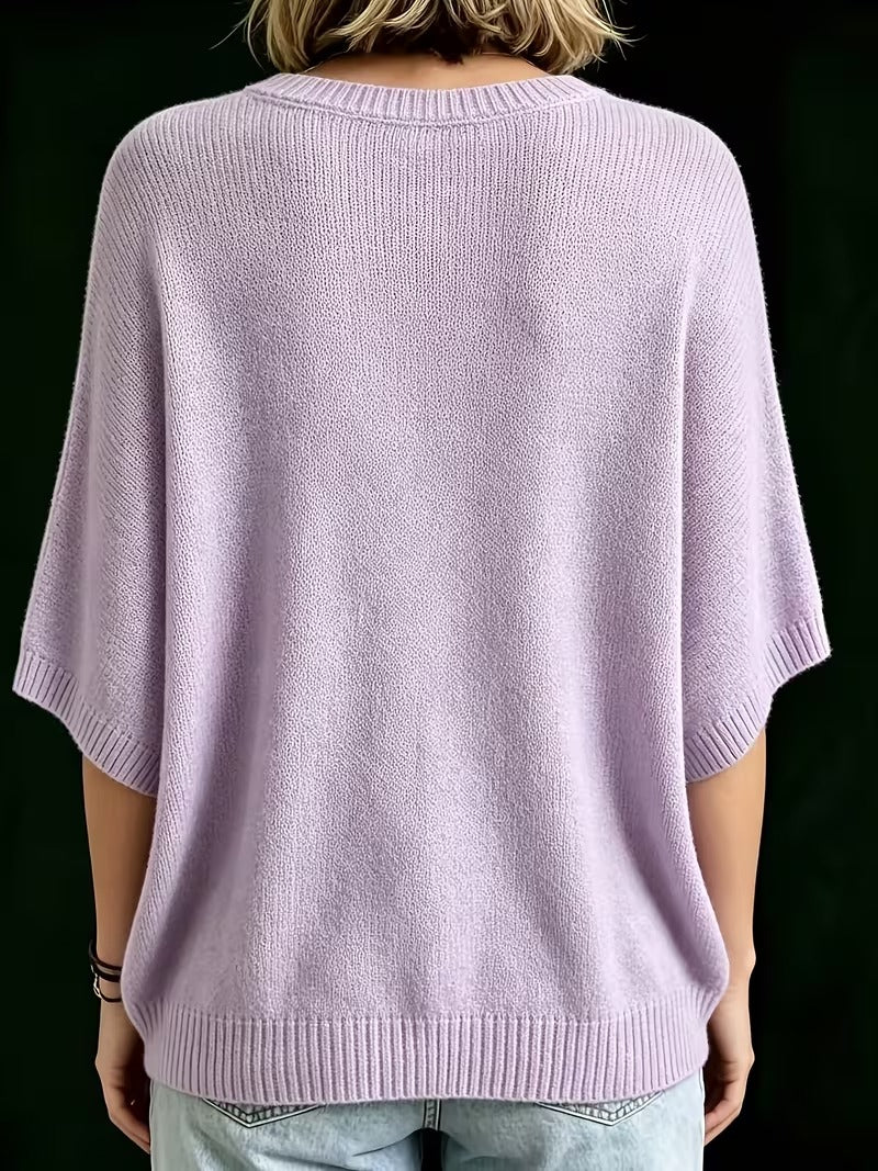 Relaxed Short-Sleeve Knit Batwing Top with Round Neck 9
