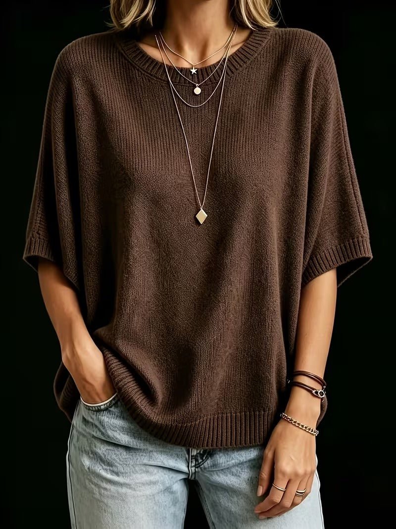 Relaxed Short-Sleeve Knit Batwing Top with Round Neck 19