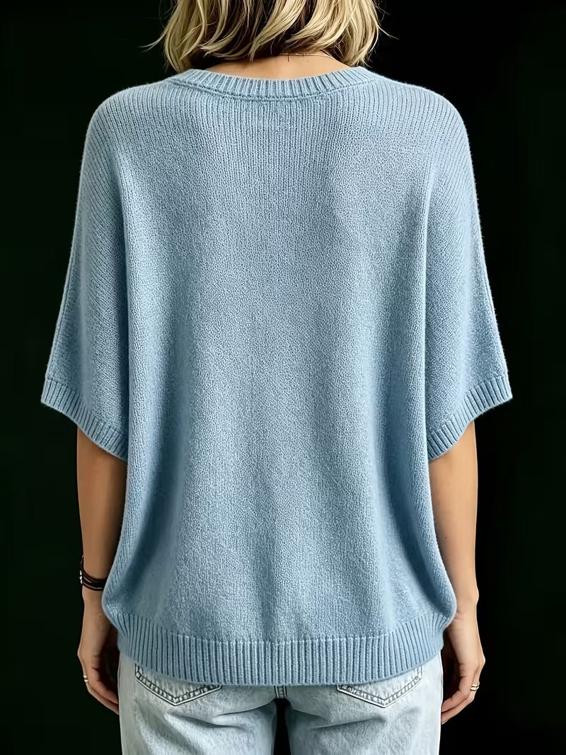Relaxed Short-Sleeve Knit Batwing Top with Round Neck 14