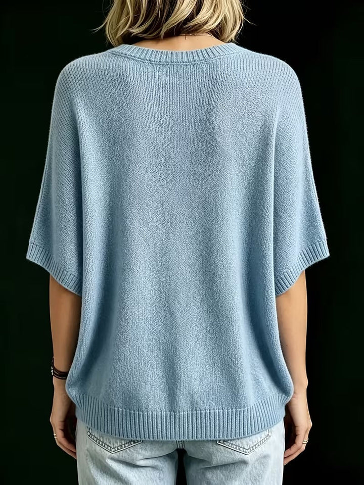 Relaxed Short-Sleeve Knit Batwing Top with Round Neck 14