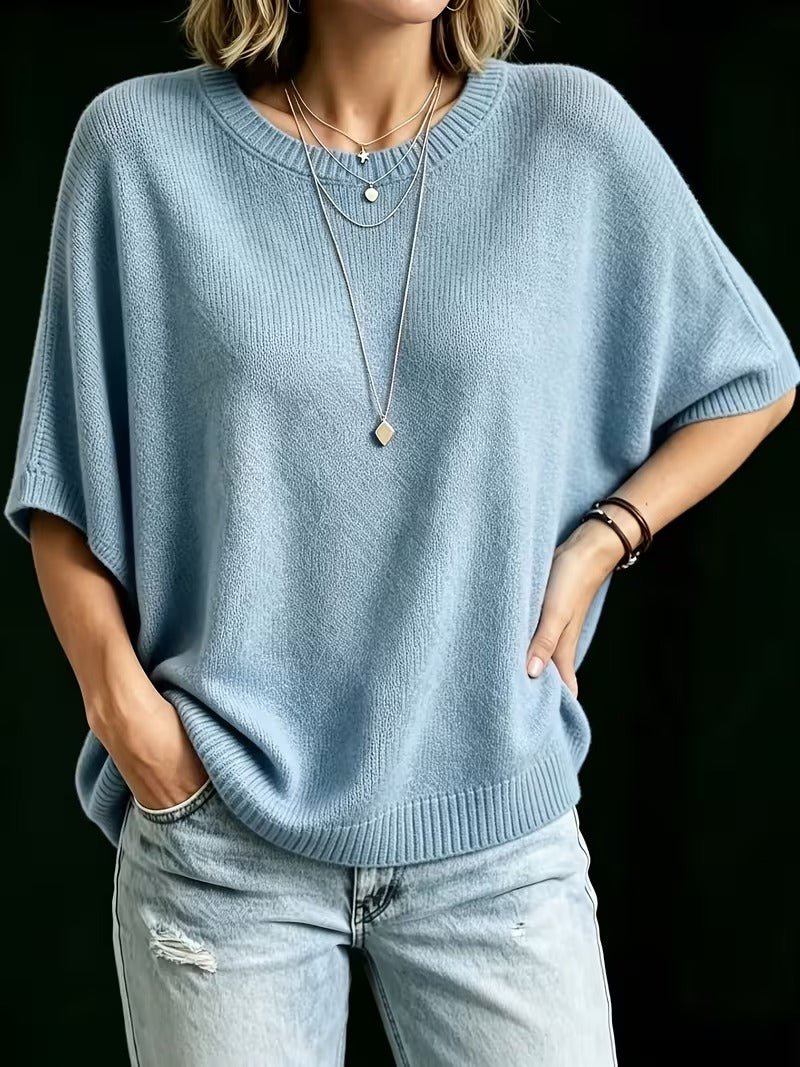 Relaxed Short-Sleeve Knit Batwing Top with Round Neck 15