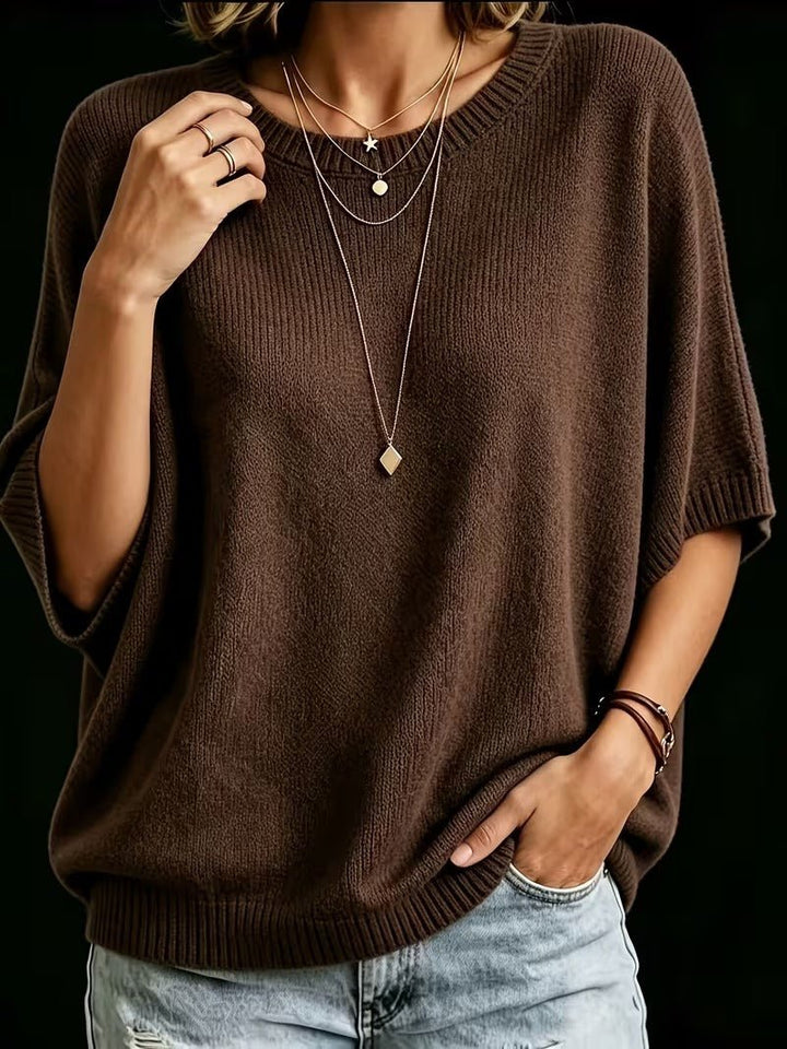 Relaxed Short-Sleeve Knit Batwing Top with Round Neck 20