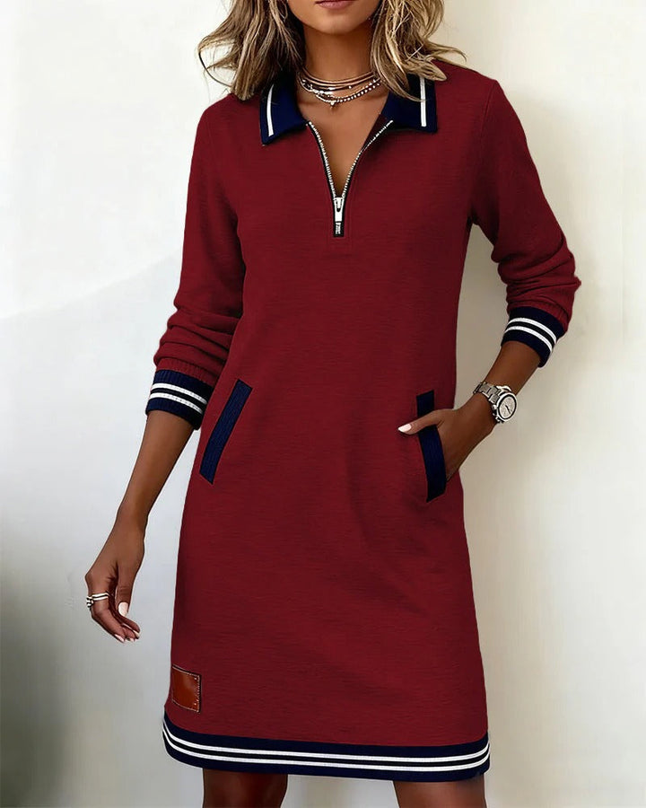Long Sleeve Cotton Blend Dress with Front Zip and Lapel Collar 5