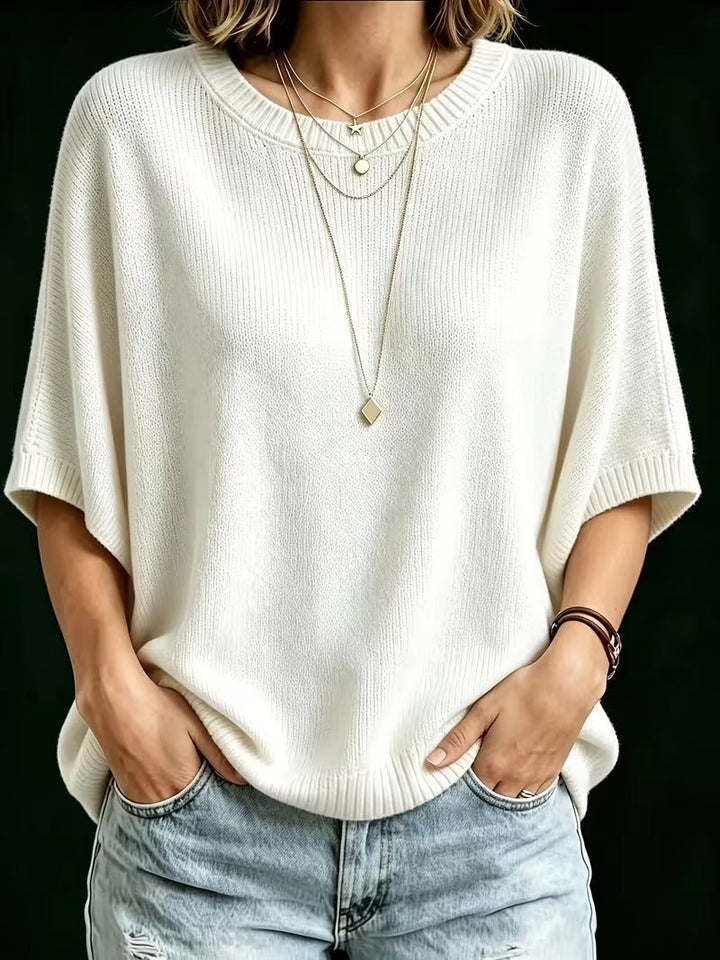 Relaxed Short-Sleeve Knit Batwing Top with Round Neck 23