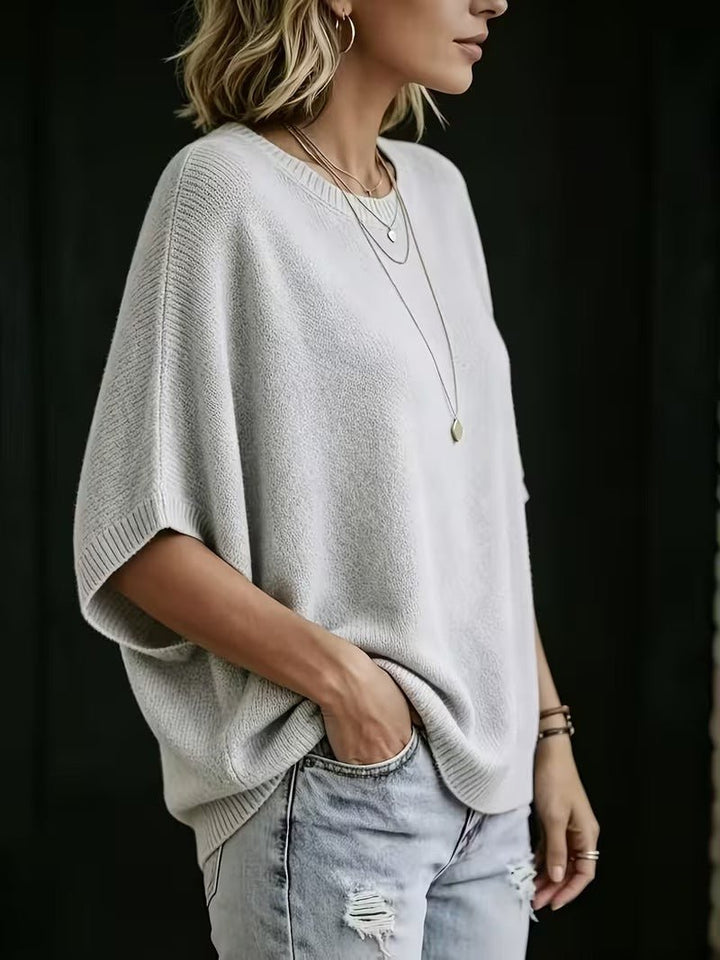 Relaxed Short-Sleeve Knit Batwing Top with Round Neck 2