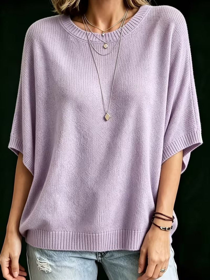 Relaxed Short-Sleeve Knit Batwing Top with Round Neck 10