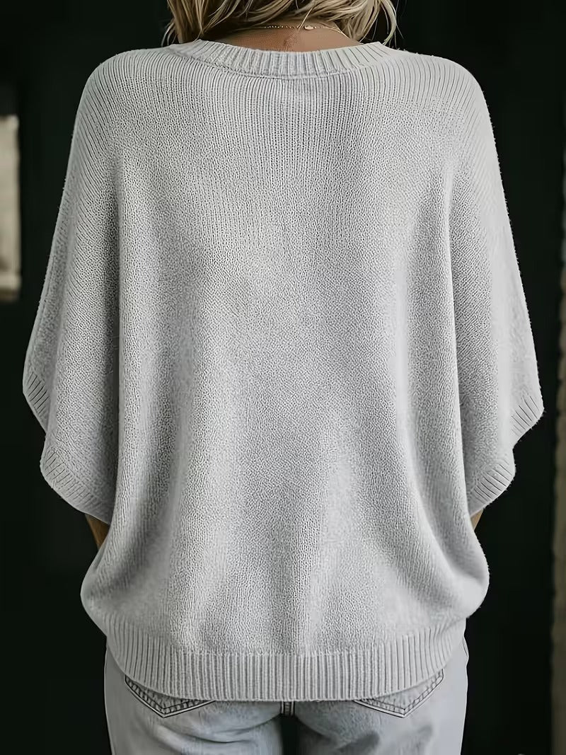 Relaxed Short-Sleeve Knit Batwing Top with Round Neck 3