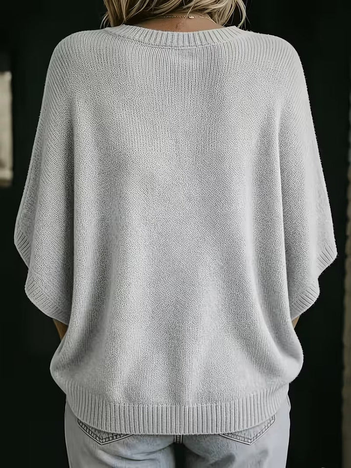 Relaxed Short-Sleeve Knit Batwing Top with Round Neck 3