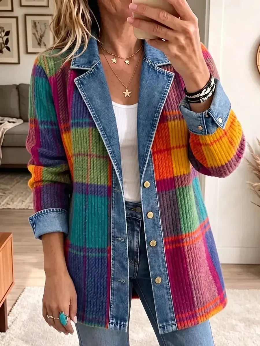 Vintage Style Denim Trim Patchwork Plaid Jacket 1