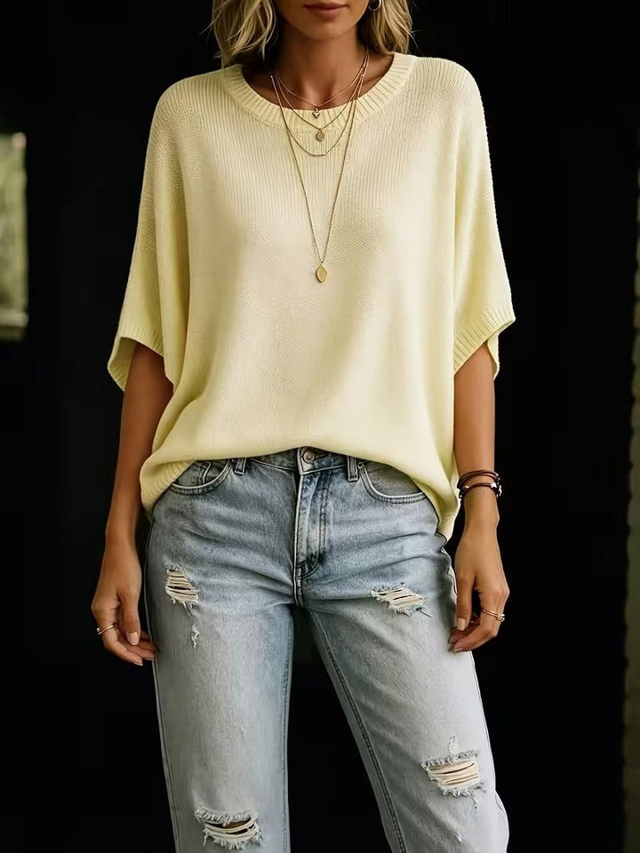 Relaxed Short-Sleeve Knit Batwing Top with Round Neck 5