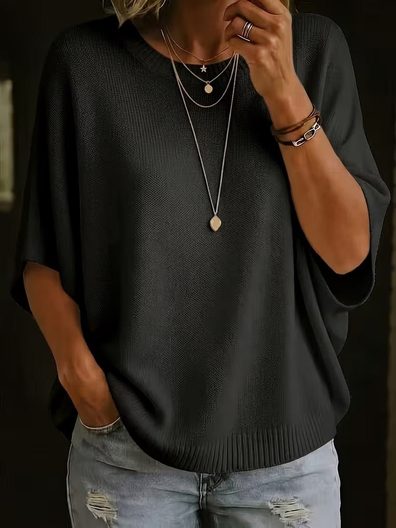 Relaxed Short-Sleeve Knit Batwing Top with Round Neck 26