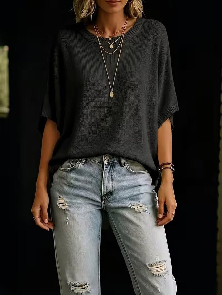 Relaxed Short-Sleeve Knit Batwing Top with Round Neck 27