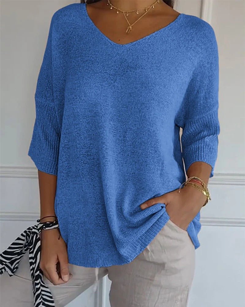 Soft Knit V-Neck Pullover Sweater with 3/4 Sleeves 1