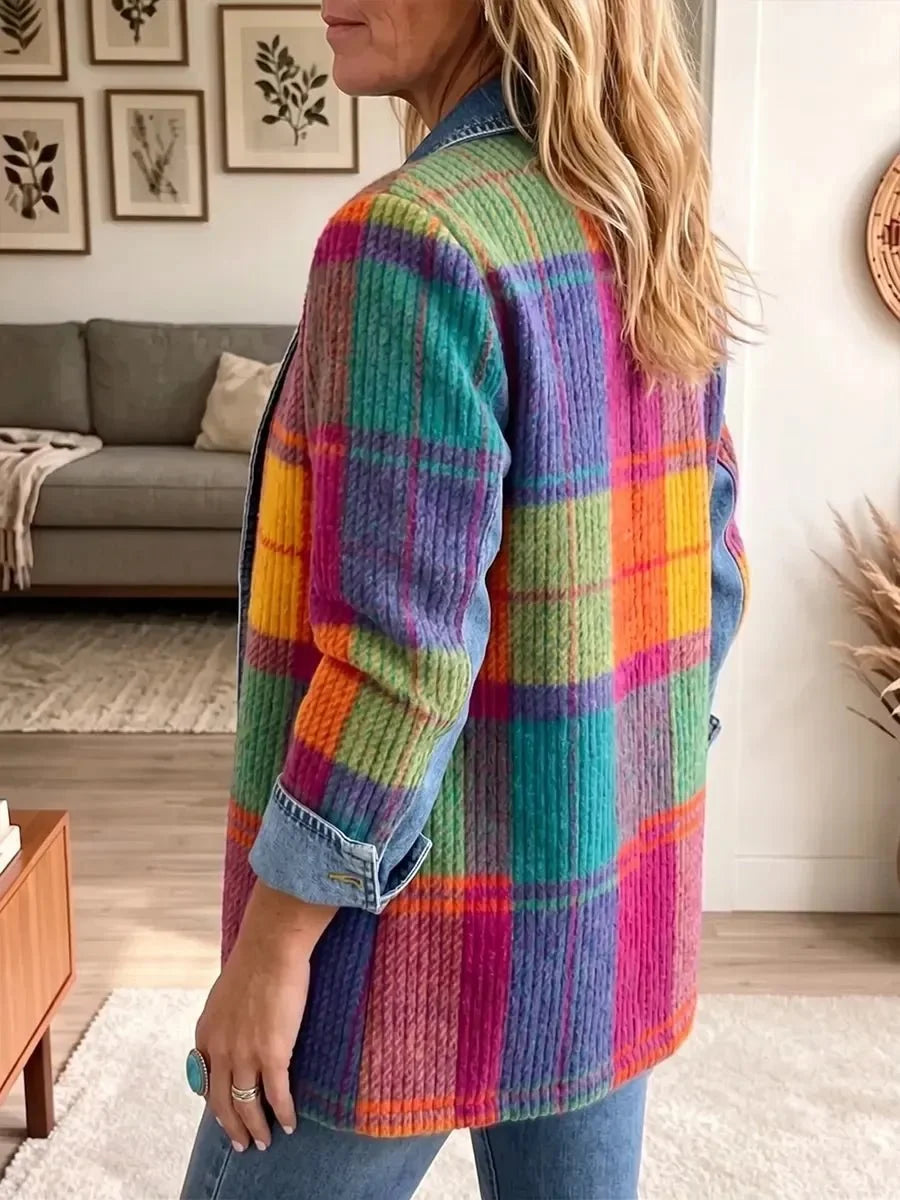 Vintage Style Denim Trim Patchwork Plaid Jacket 2
