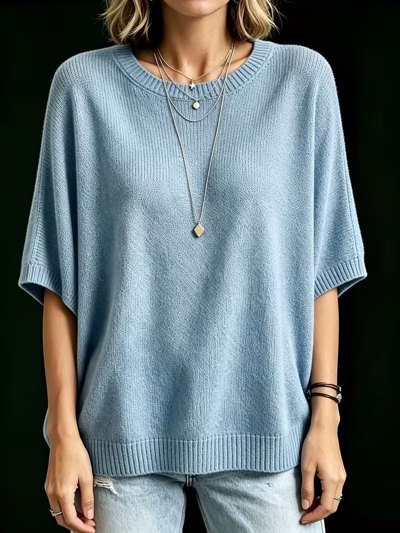 Relaxed Short-Sleeve Knit Batwing Top with Round Neck 16