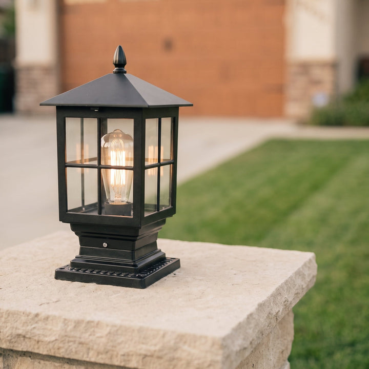 Solar Outdoor Post Light, Traditional Black Stone-Style Pillar Lamp, Dusk-to-Dawn 3