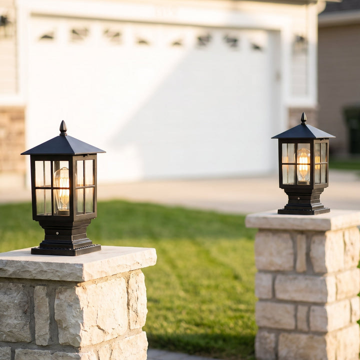 Solar Outdoor Post Light, Traditional Black Stone-Style Pillar Lamp, Dusk-to-Dawn 8
