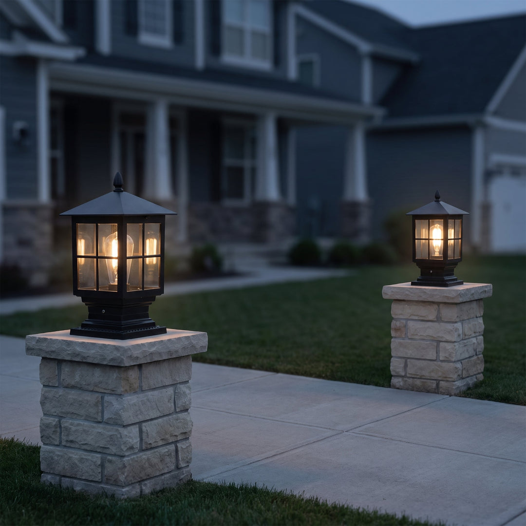Solar Outdoor Post Light, Traditional Black Stone-Style Pillar Lamp, Dusk-to-Dawn 7