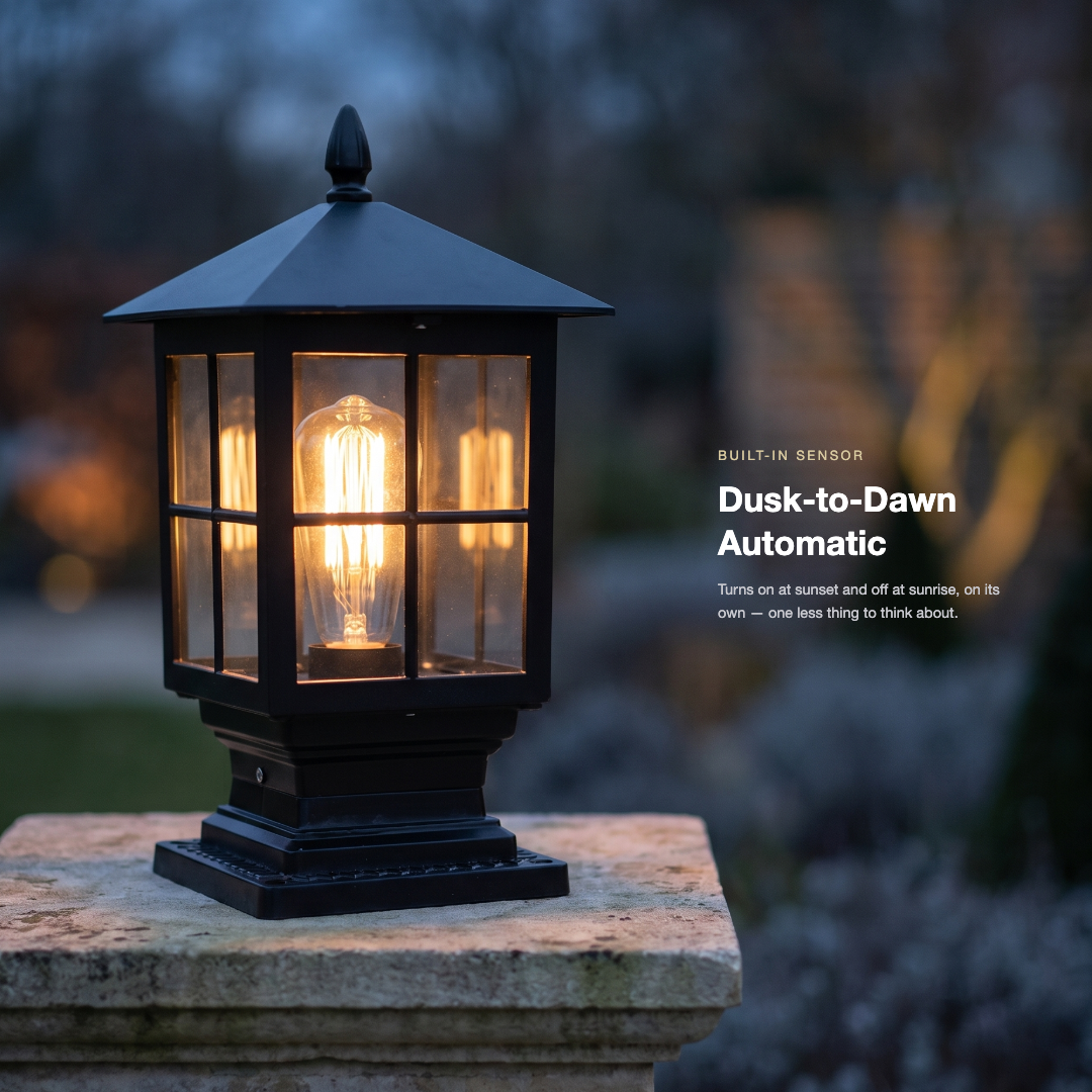 Solar Outdoor Post Light, Traditional Black Stone-Style Pillar Lamp, Dusk-to-Dawn 2